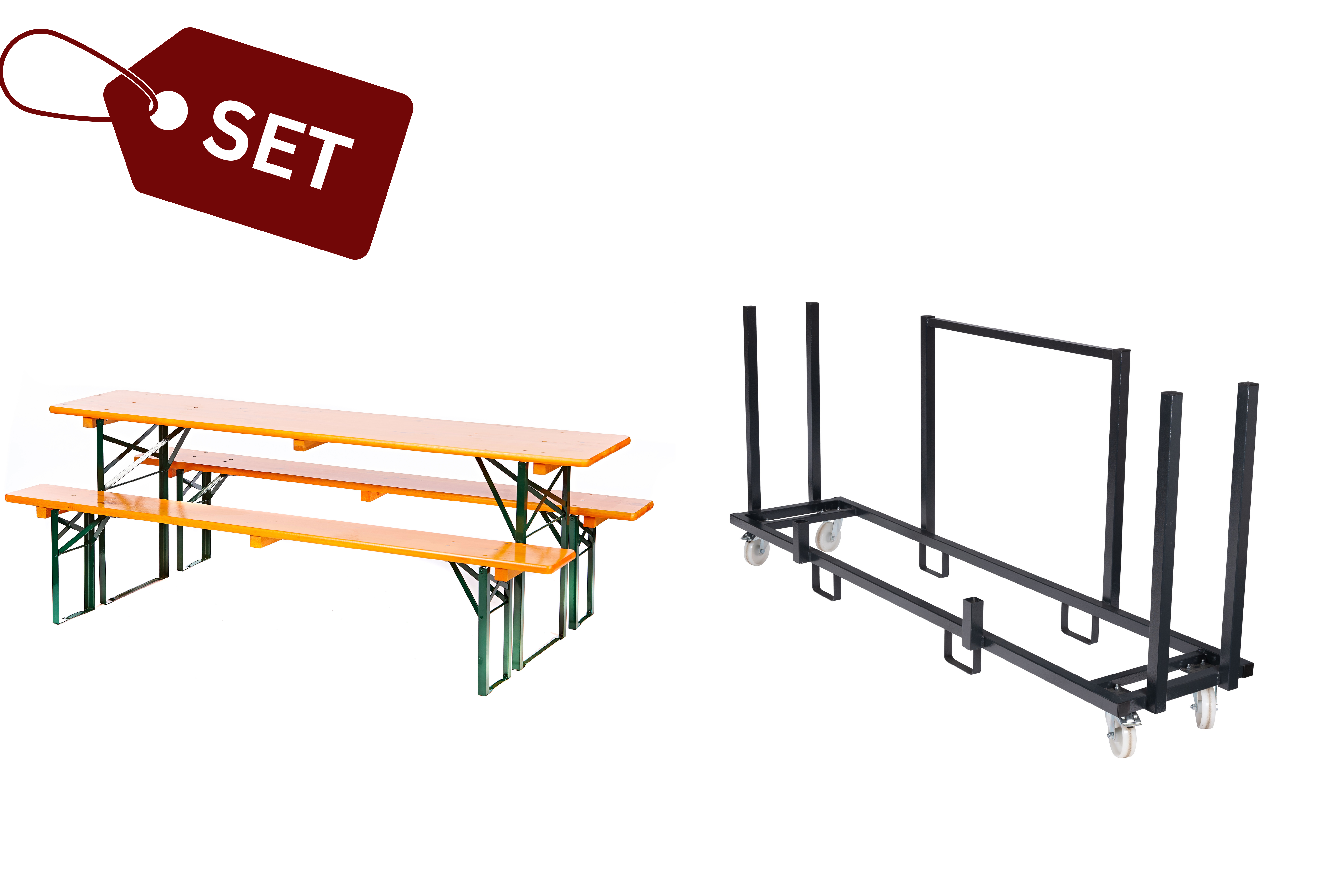 SET: 5 Bierzeltgarnituren in Brauereiqualität, orange (50er) (N) + Transportwagen