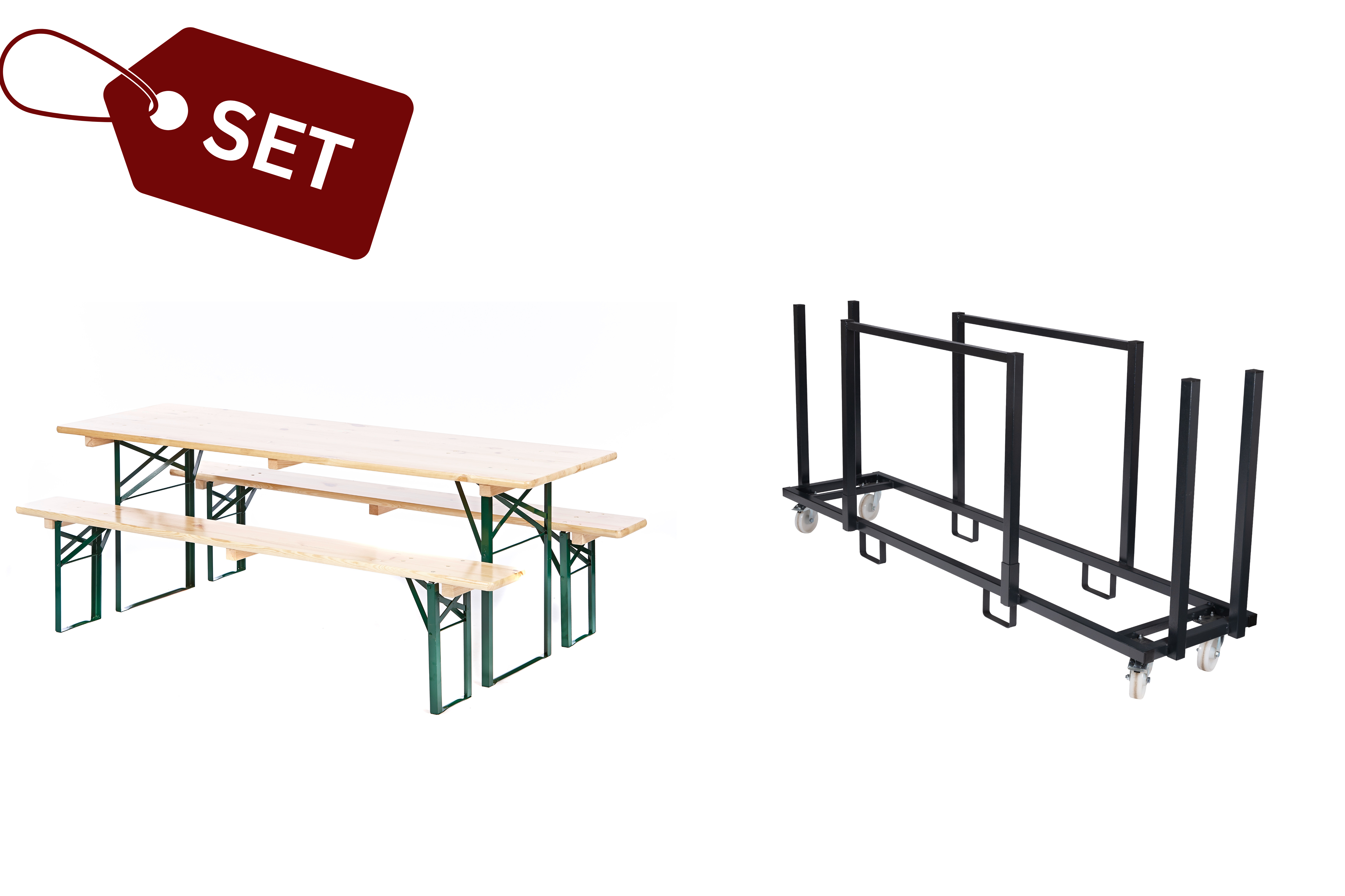 SET: 5 Bierzeltgarnituren in Brauereiqualität, farblos (50er) (N) + Transportwagen