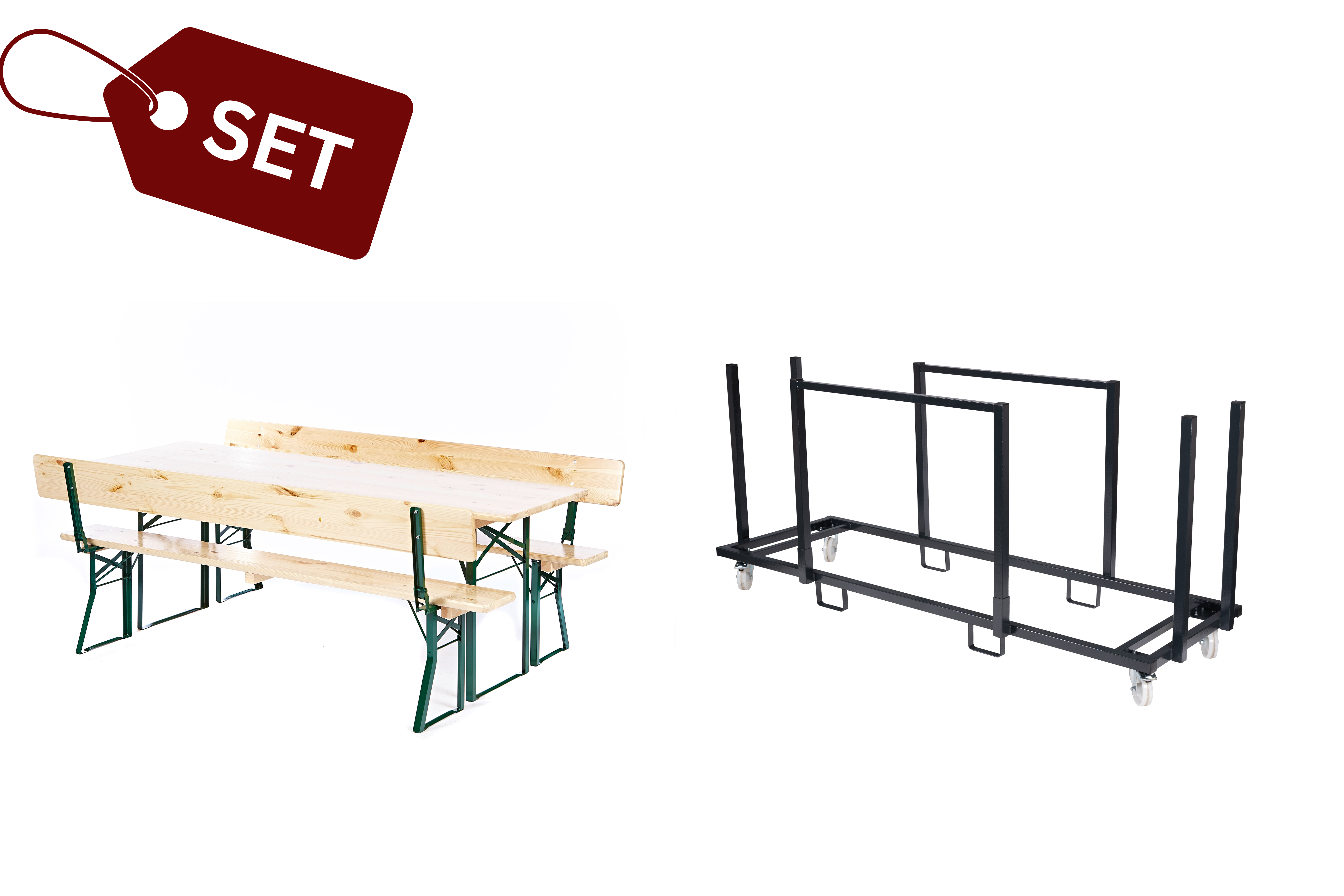 SET: 5 Bierzeltgarnituren mit Rückenlehne in Brauereiqualität, farblos (70er) (N) + Transportwagen